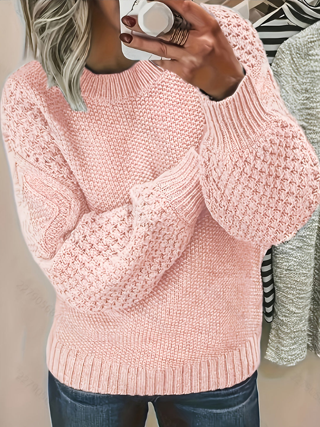 Balbina | Dame Strikkjumper Grovstrik Lantærneærmer - Light Pink - Image 2