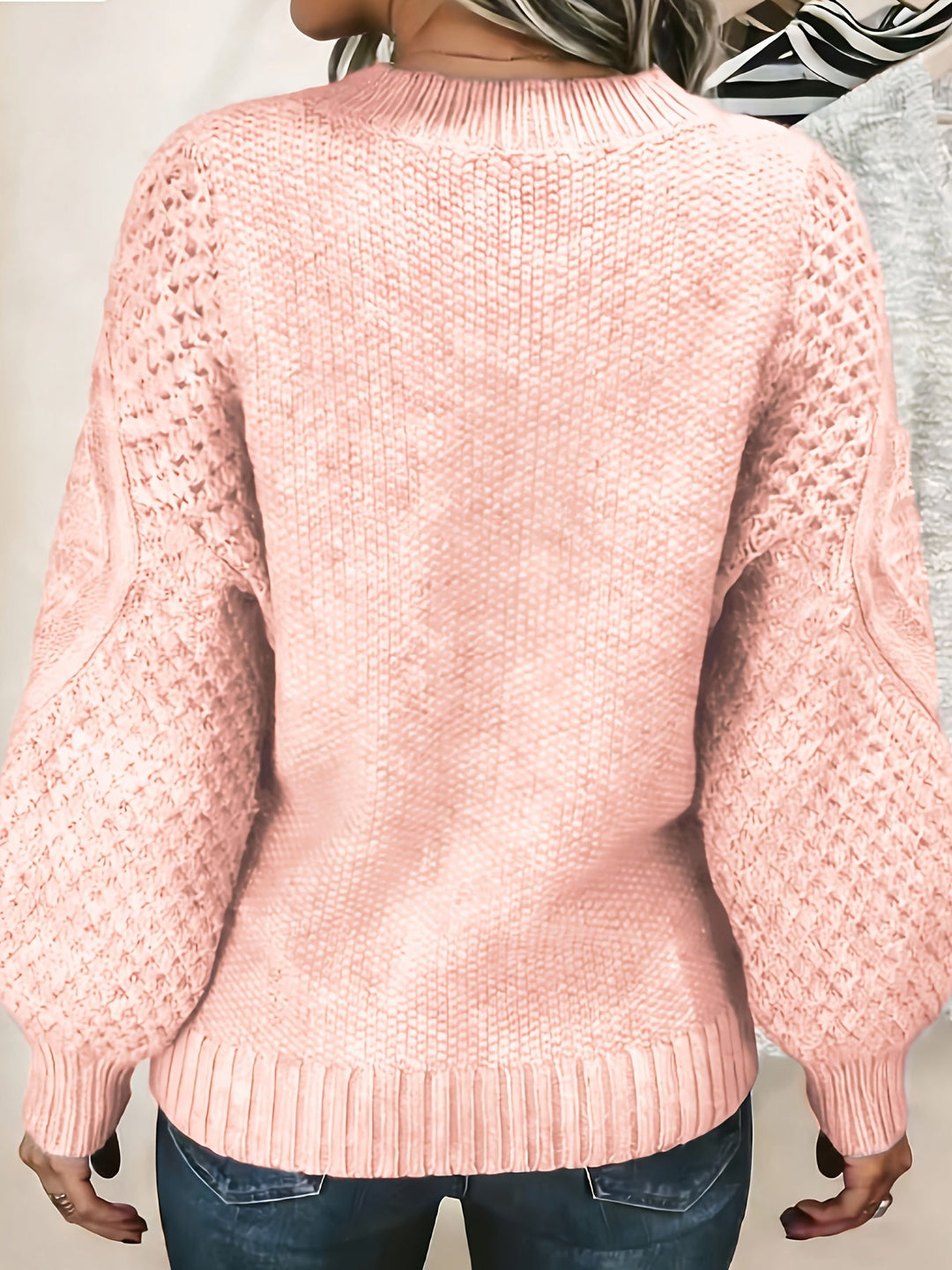 Balbina | Dame Strikkjumper Grovstrik Lantærneærmer - Light Pink - Image 3