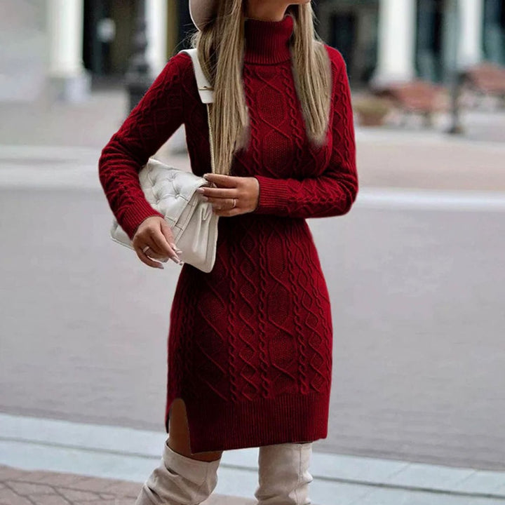 Belvilde | Dame Strikket Kjole med Rullekrave - Red - Image 1