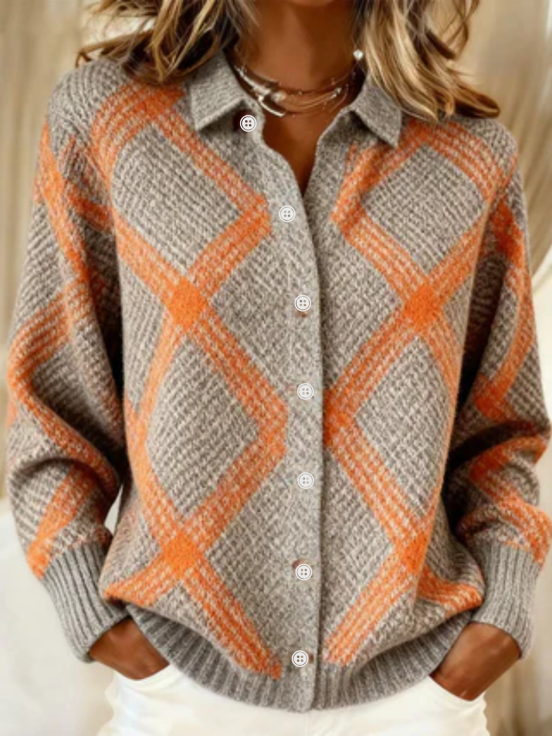 Belvind | Dame Strikket Cardigan med Argyle-Mønster - Image 1