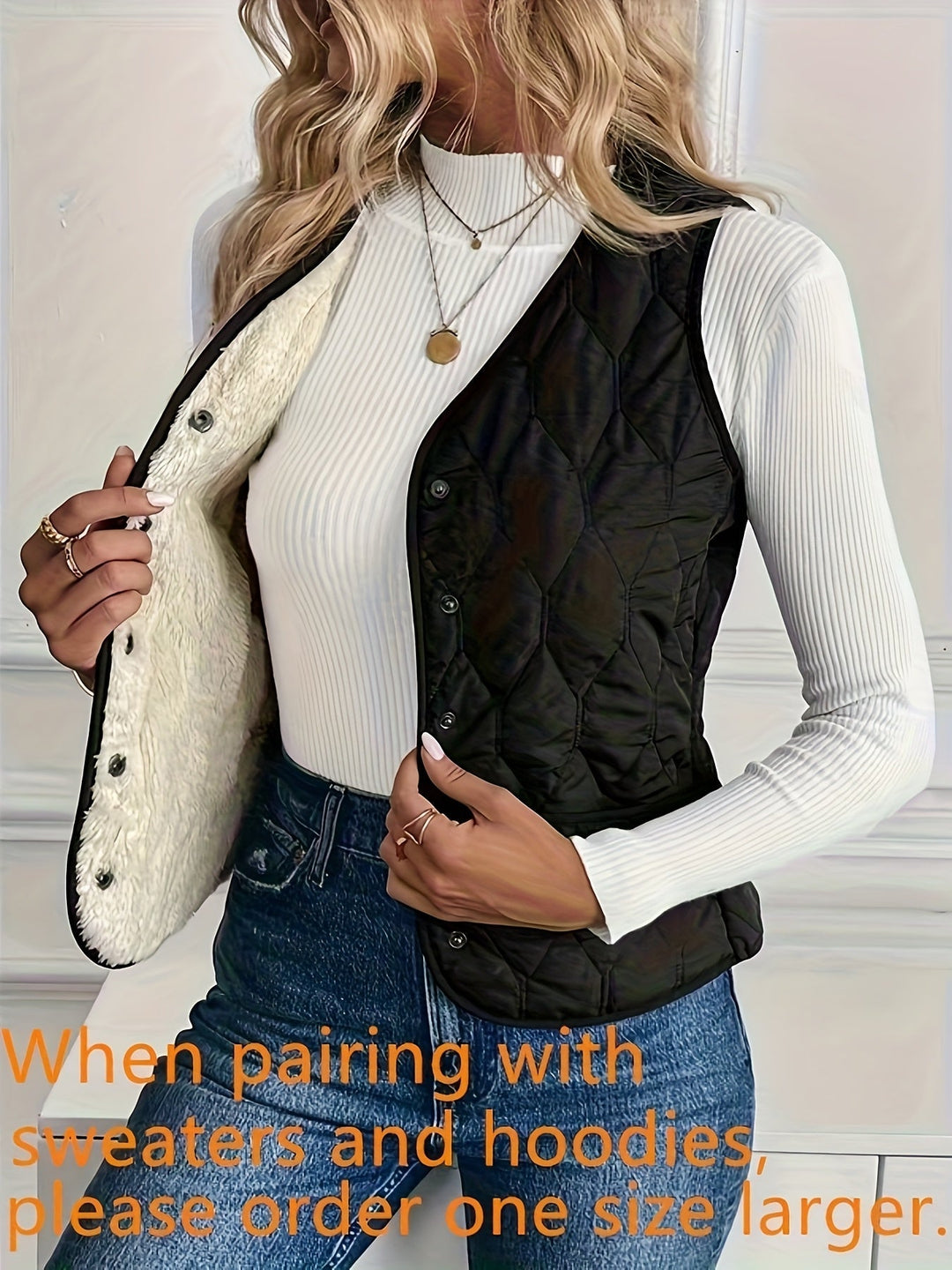 Benedikte | Dame Vatteret Vest med Sherpa For - Black - Image 8