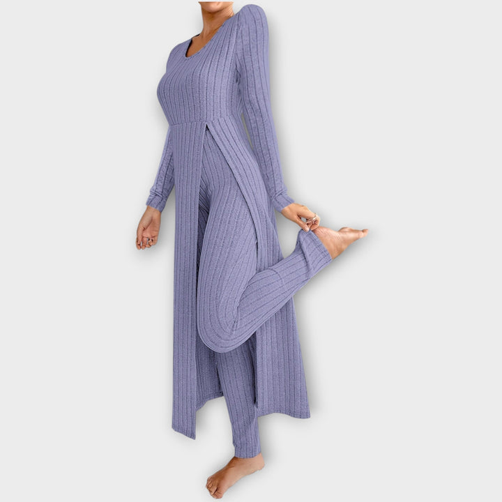 Borghild | Dame Strikset Langkardigan og Ribstrik Bukser - Light Grey - Image 7