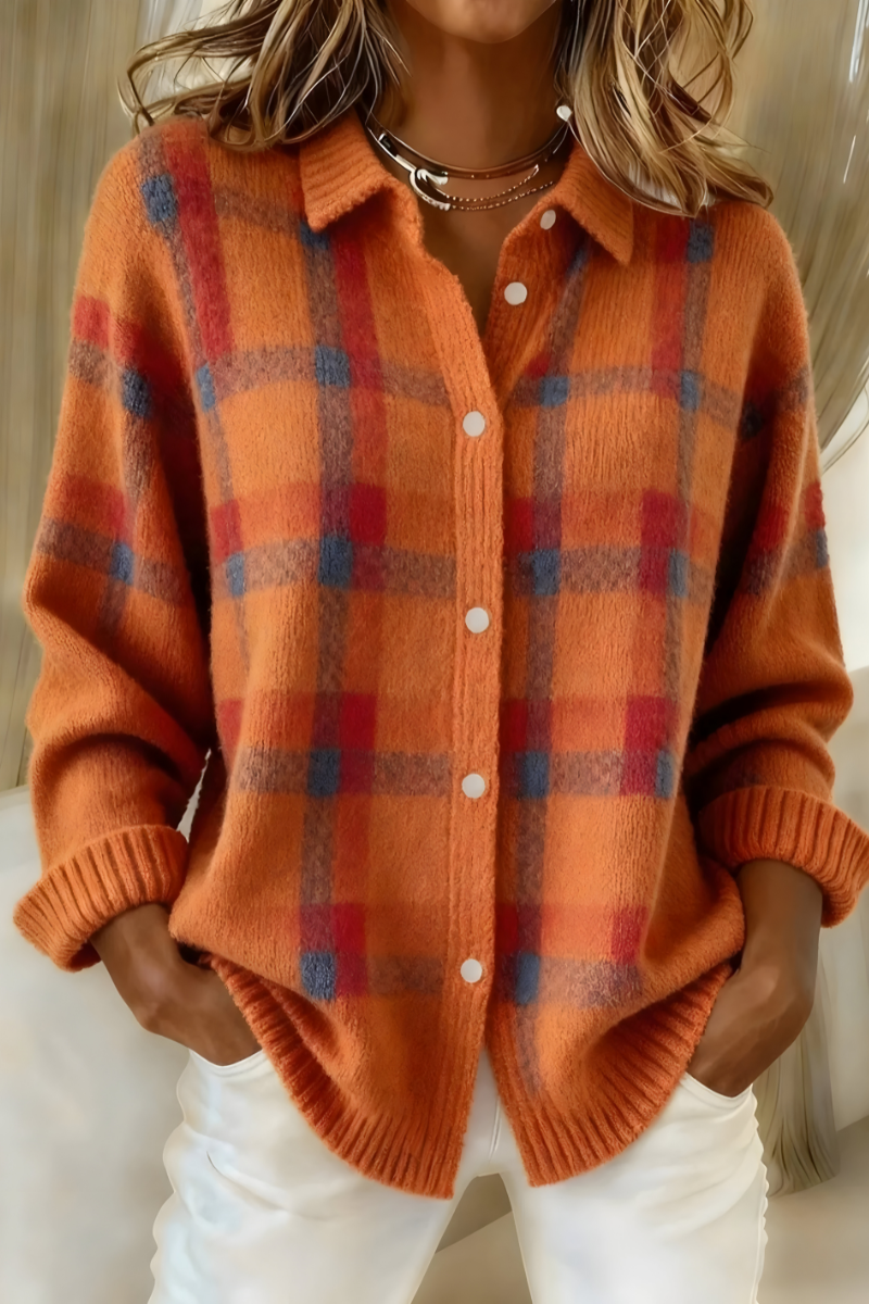 Calveth | Women's Plaid Knit Button-Up Sweater - Orange - Image 1