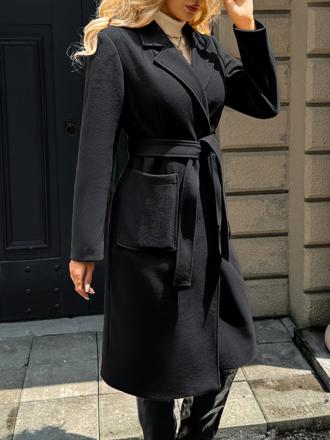Cecilie | Dame Lang Frakke med Bælte - Camel - Image 16