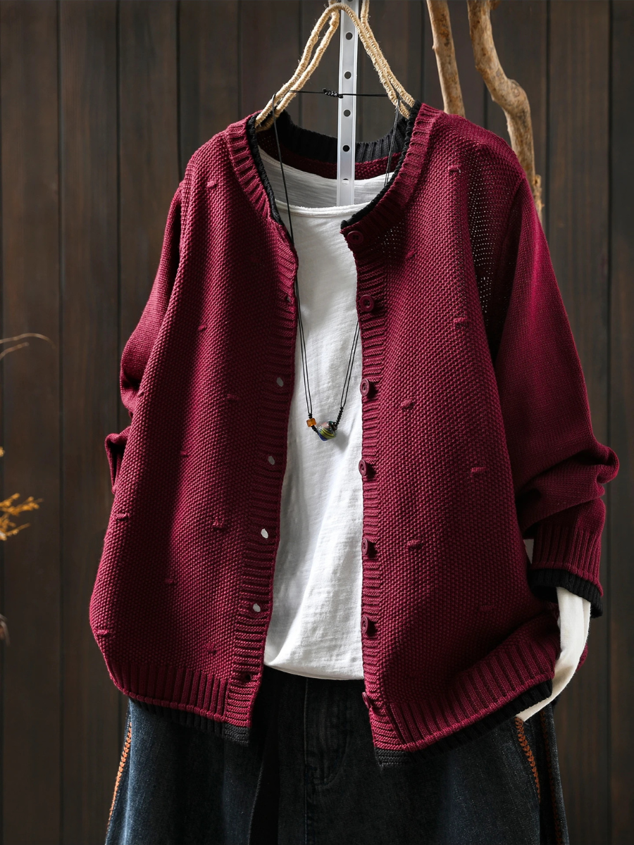 Colvara | Women's Relaxed Fit Knit Cardigan - Burgundy - Image 1
