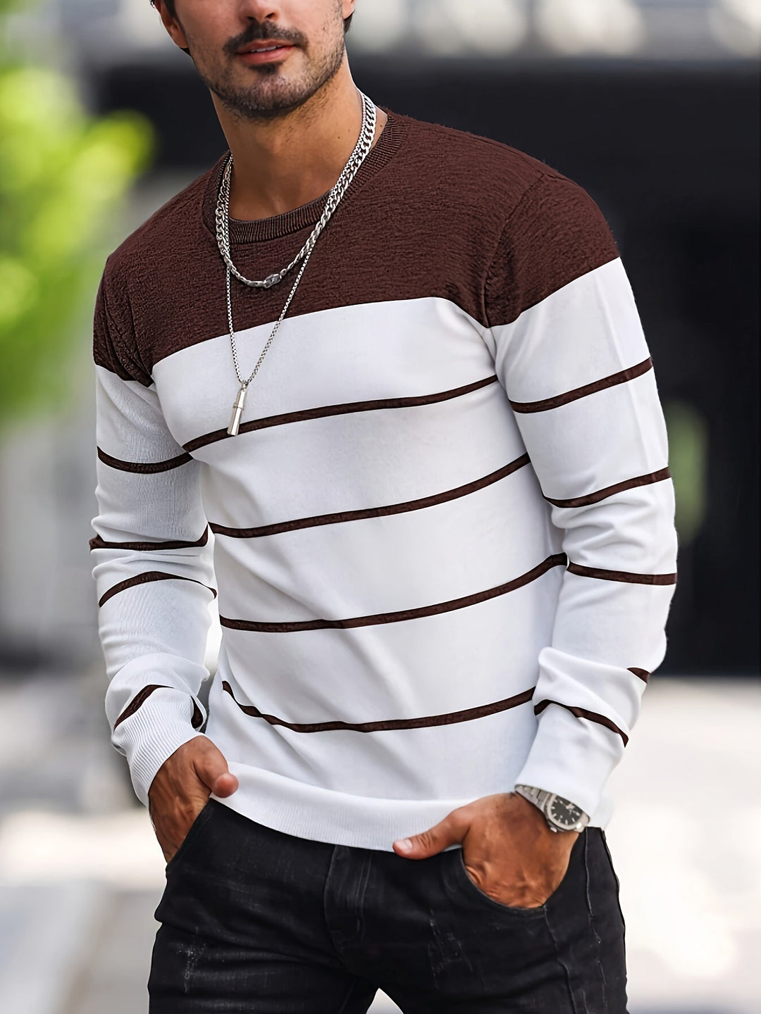 Corvald | Herre Strikpullover Stribet Rund Hals - Image 2