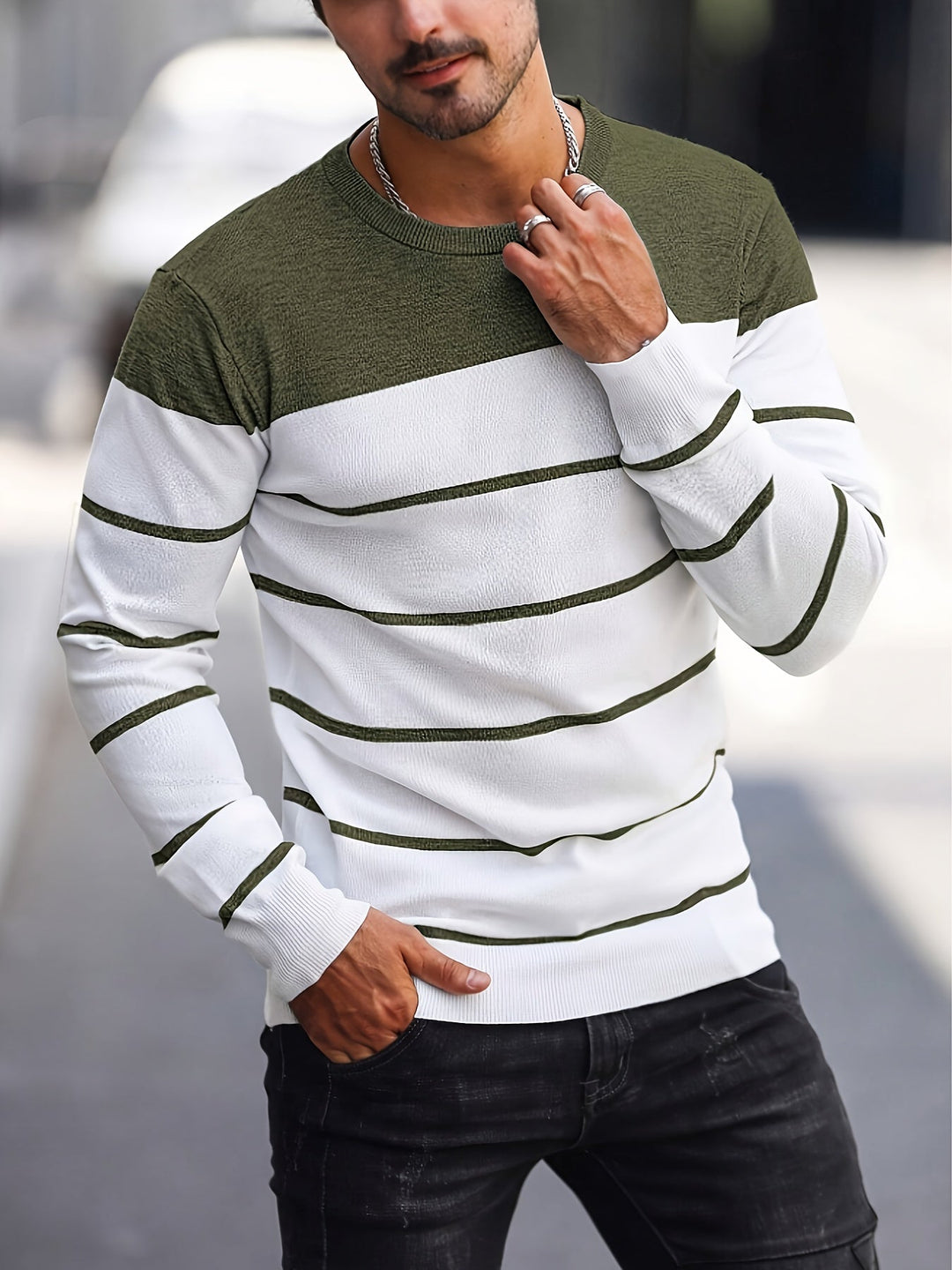 Corvald | Herre Strikpullover Stribet Rund Hals - Image 4