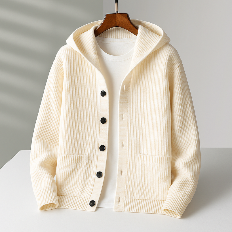 Corvan | Men's Hooded Cardigan Ribbed Sweater - Cream - Image 2