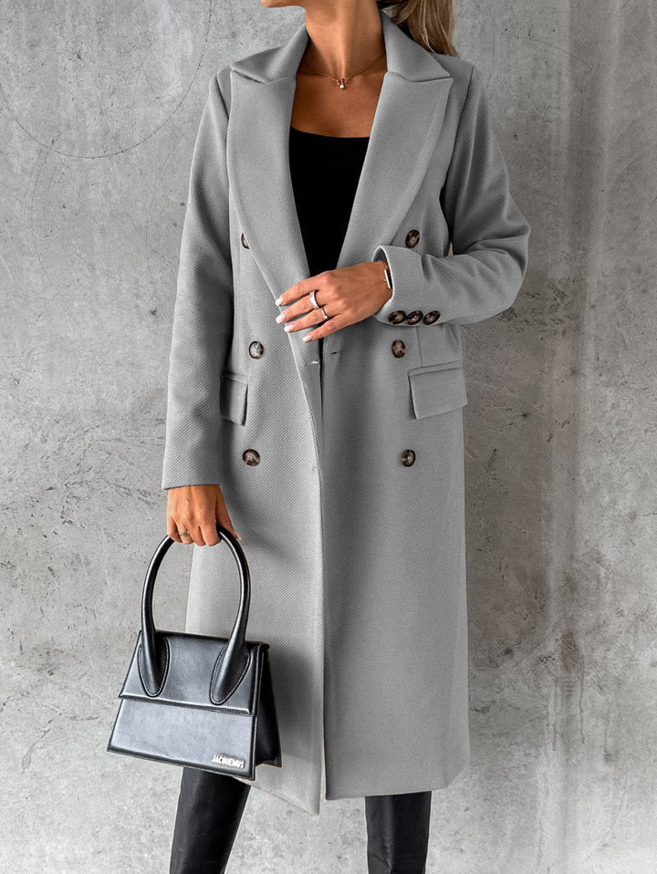 Dagny | Dame Lang Dobbeltknappet Frakke - Black - Image 6
