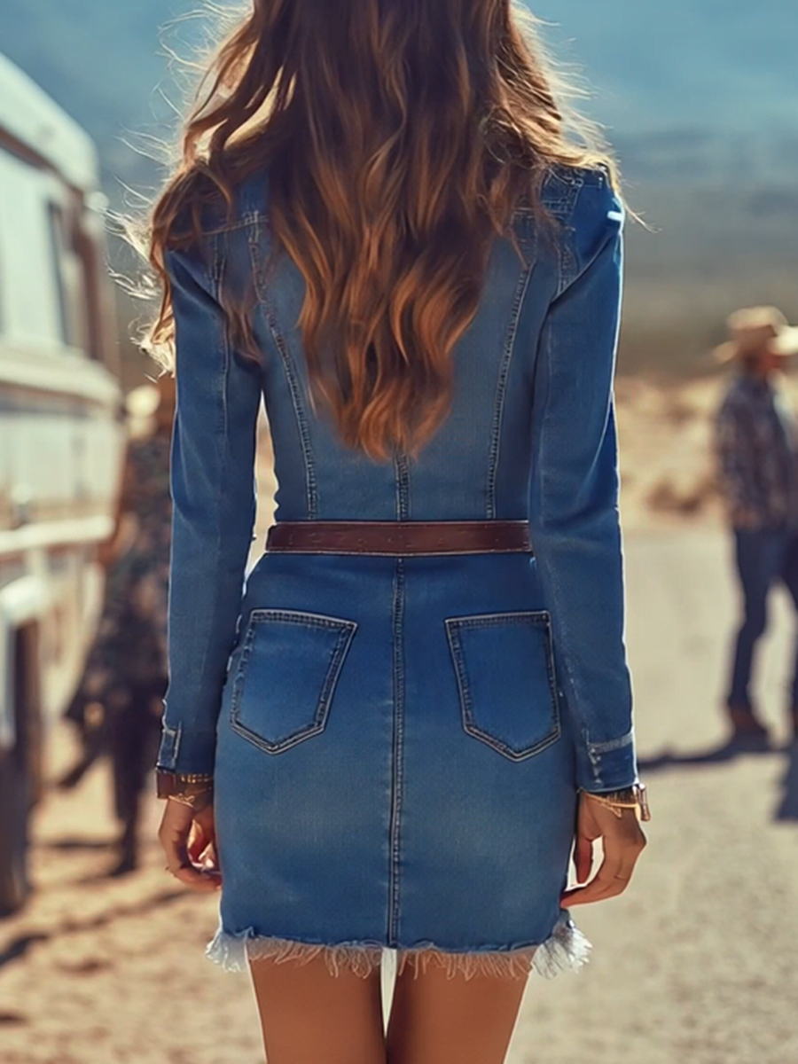 Delvorn | Dame Denim Minikjole Langærmet - Blue - Image 3
