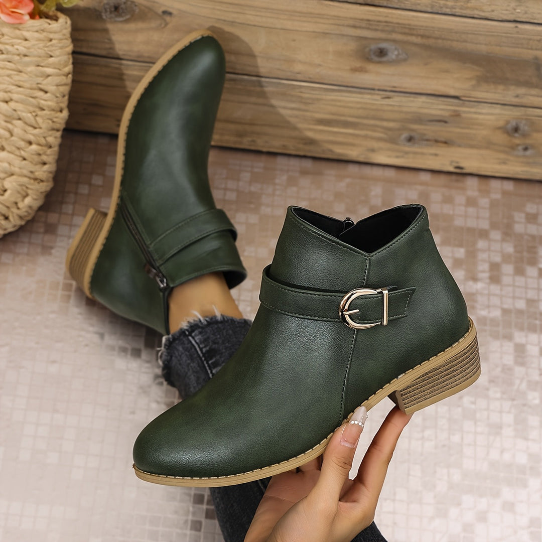 Dolveen | Dame Støvletter med Spænde og Blokhæl - Olive Green - Image 1