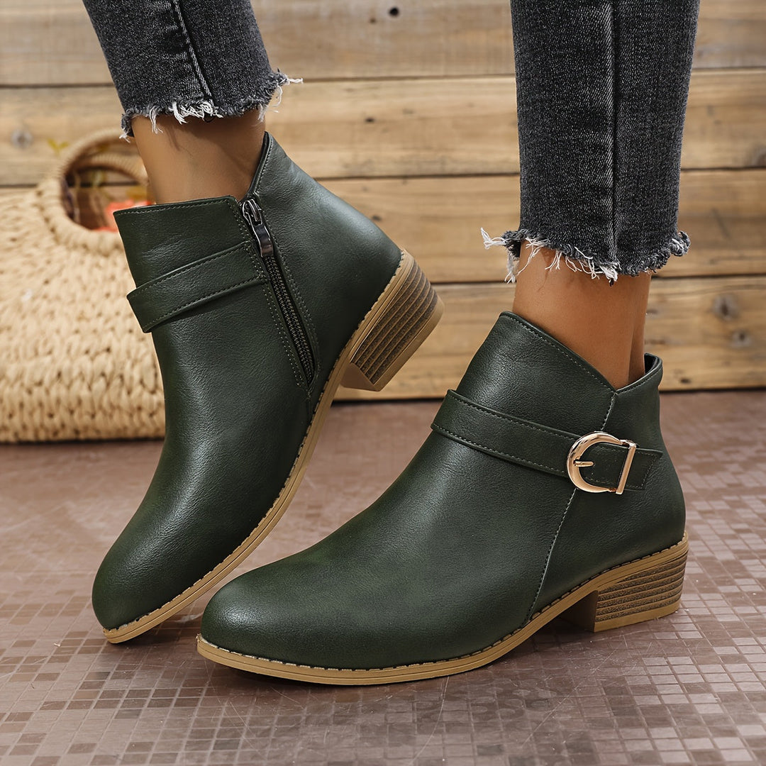 Dolveen | Dame Støvletter med Spænde og Blokhæl - Olive Green - Image 10