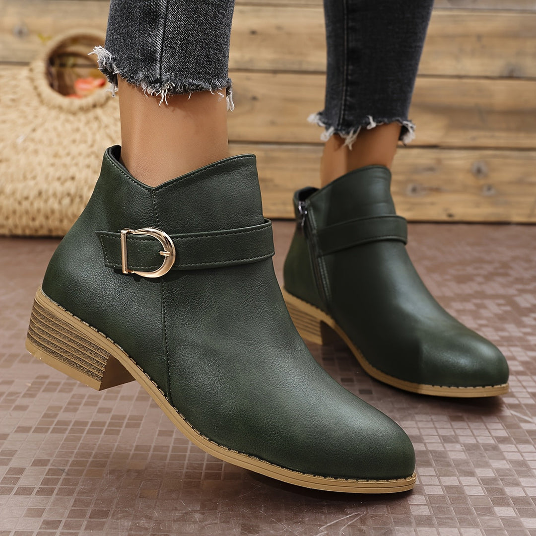 Dolveen | Dame Støvletter med Spænde og Blokhæl - Olive Green - Image 12