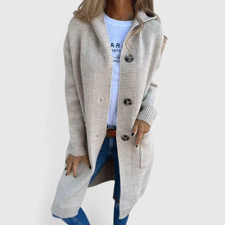 Eldborg | Dame Strikket Cardigan Med Hætte - Beige - Image 1