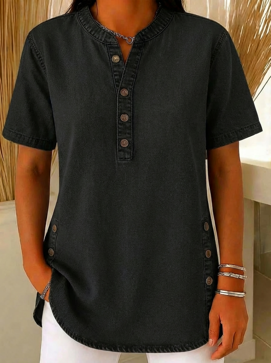 Falvhild | Dame Kortærmet Jeansbluse med Knapper - Image 3