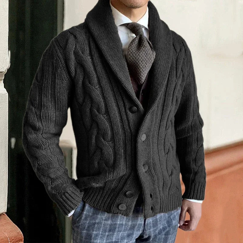 Gawain | Men's Cable Knit Shawl Collar Cardigan - Dark Grey - Image 2