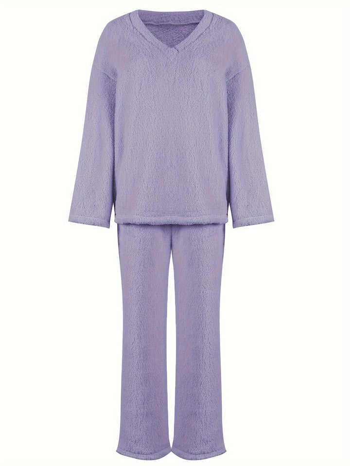 Golveen | Dame Loungeset Brede Bukser V-hals - Lilac - Image 3