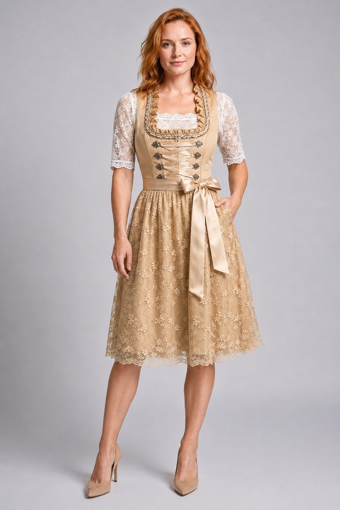 Golvfrid | Dame Dirndl Midi-Kjole med Blondeblusse - Camel - Image 1