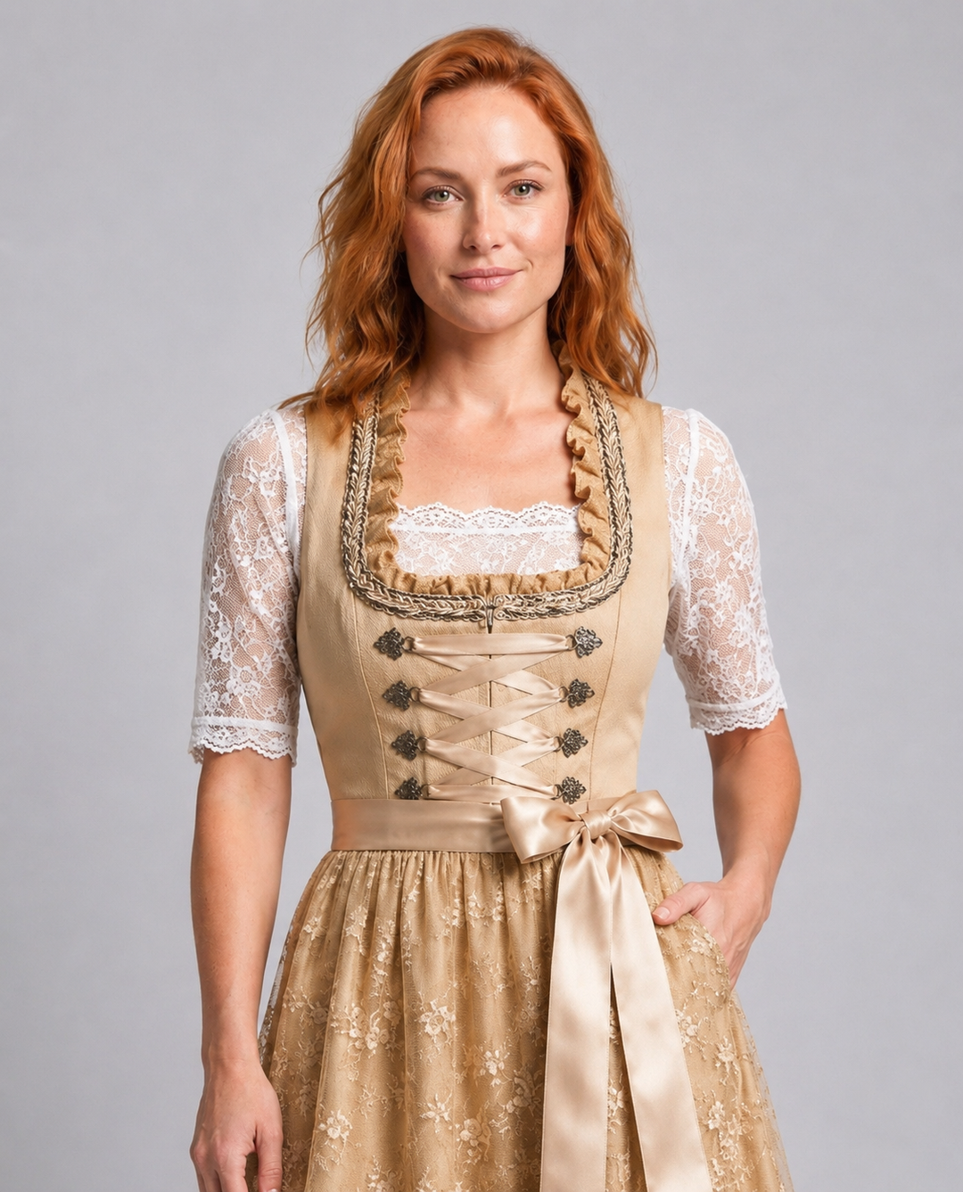 Golvfrid | Dame Dirndl Midi-Kjole med Blondeblusse - Camel - Image 3