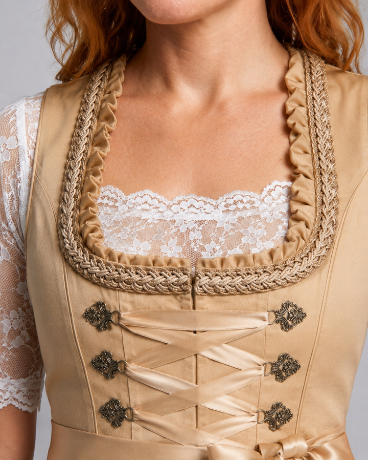 Golvfrid | Dame Dirndl Midi-Kjole med Blondeblusse - Camel - Image 5