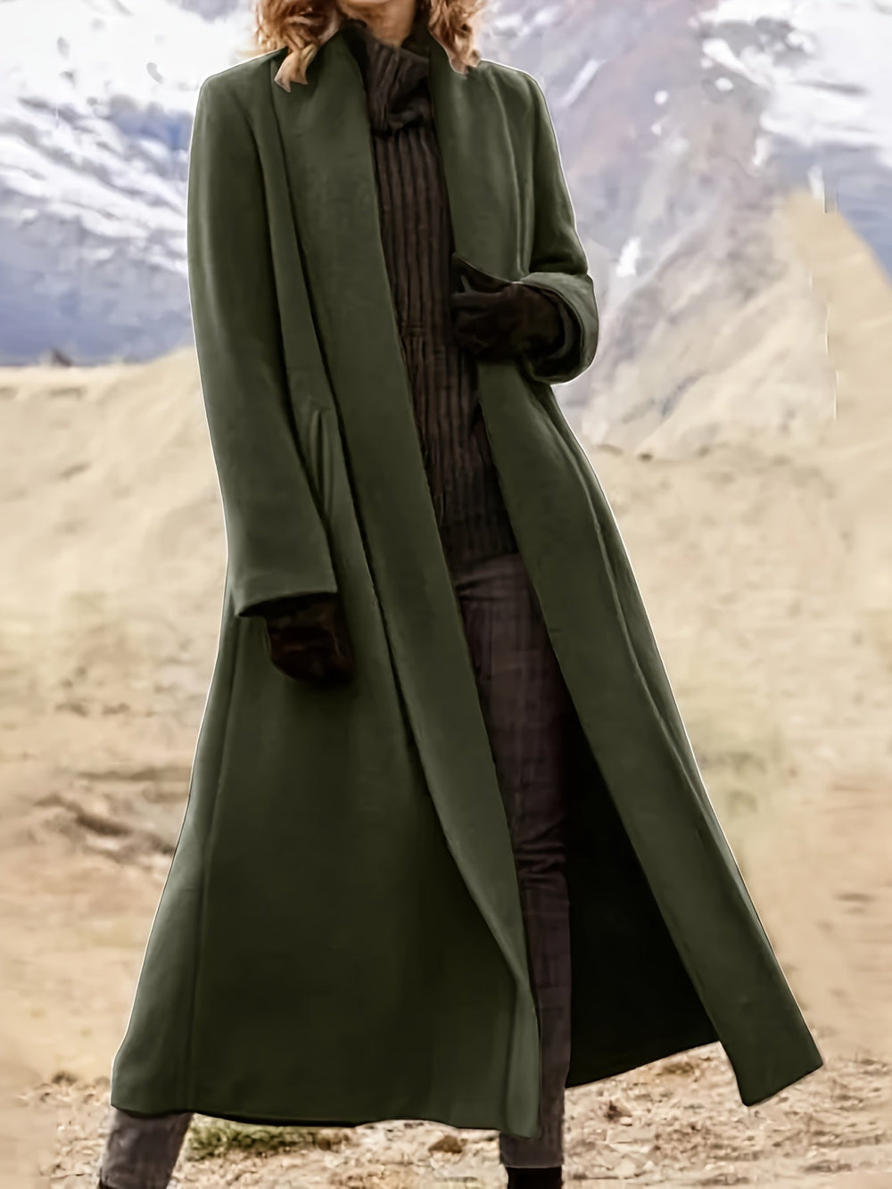 Gunnhild | Dame Lang Frakke Åben Front - Olive Green - Image 2