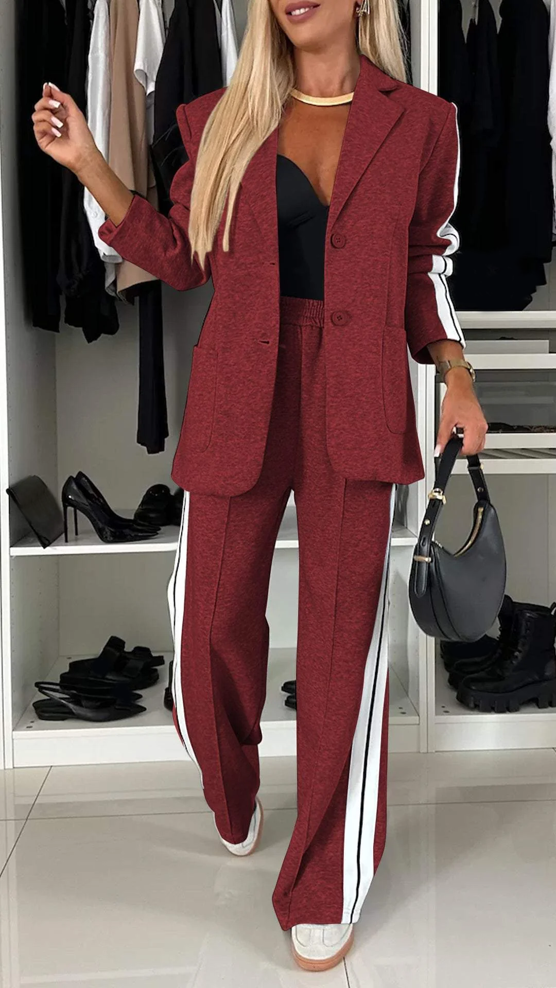Halvdis | Dame Blazer Sæt med Joggingstriber - Light Grey - Image 11