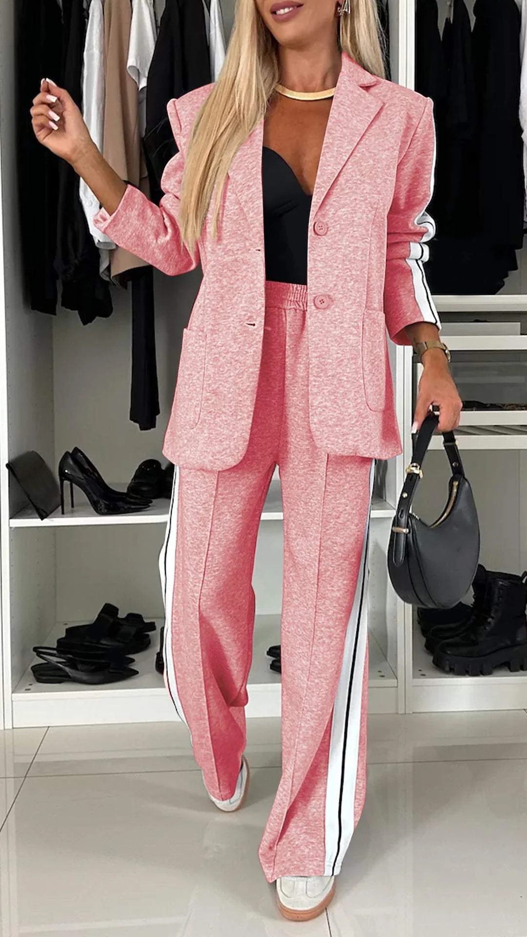 Halvdis | Dame Blazer Sæt med Joggingstriber - Light Grey - Image 12