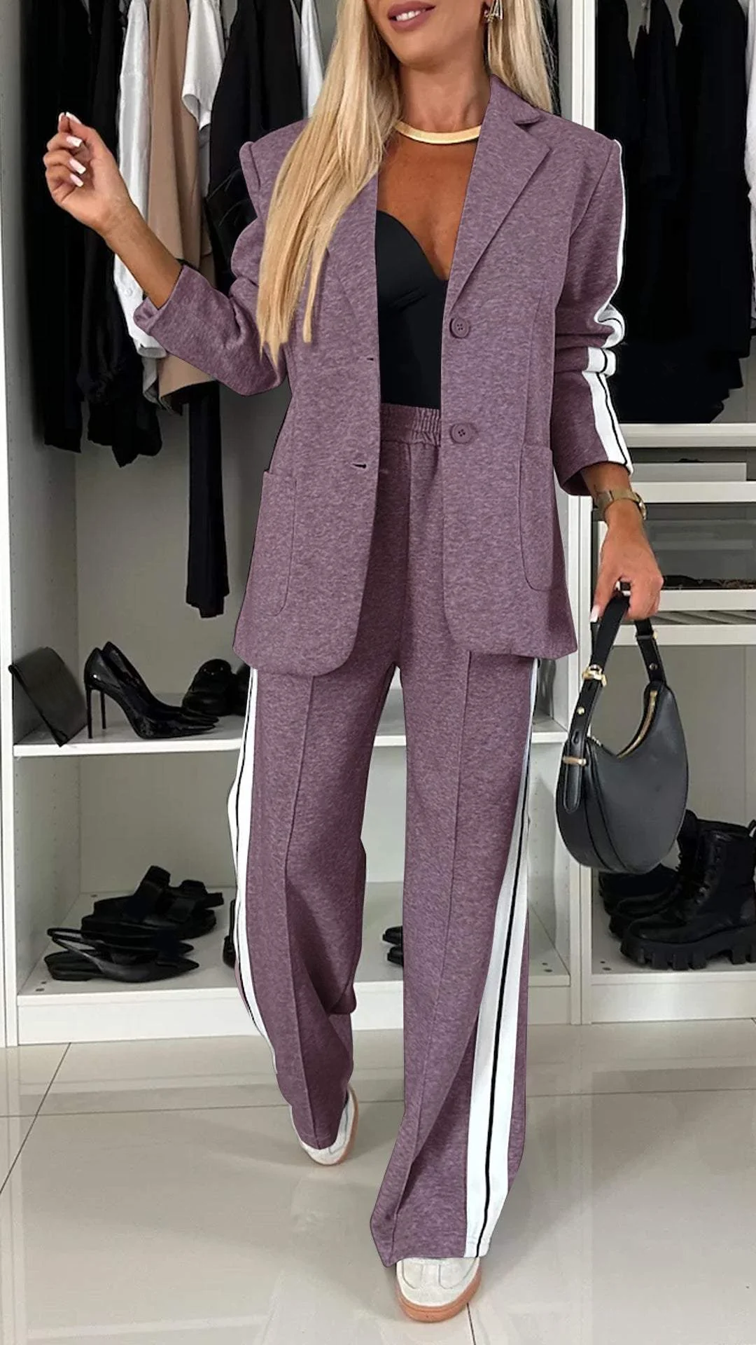 Halvdis | Dame Blazer Sæt med Joggingstriber - Light Grey - Image 8