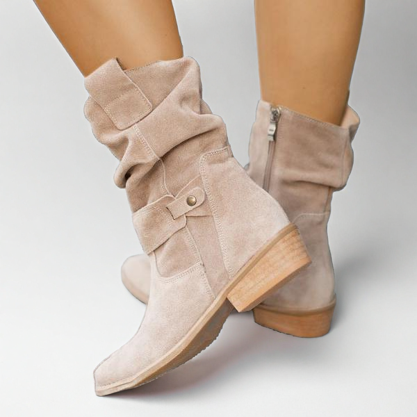 Halvdora | Dame Støvletter Slouch Blokhæl - Beige - Image 1