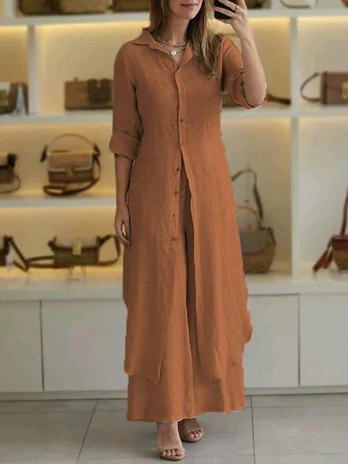 Halvgerd | Dame Bukser Sæt Lang Skjortejakke - Beige - Image 5
