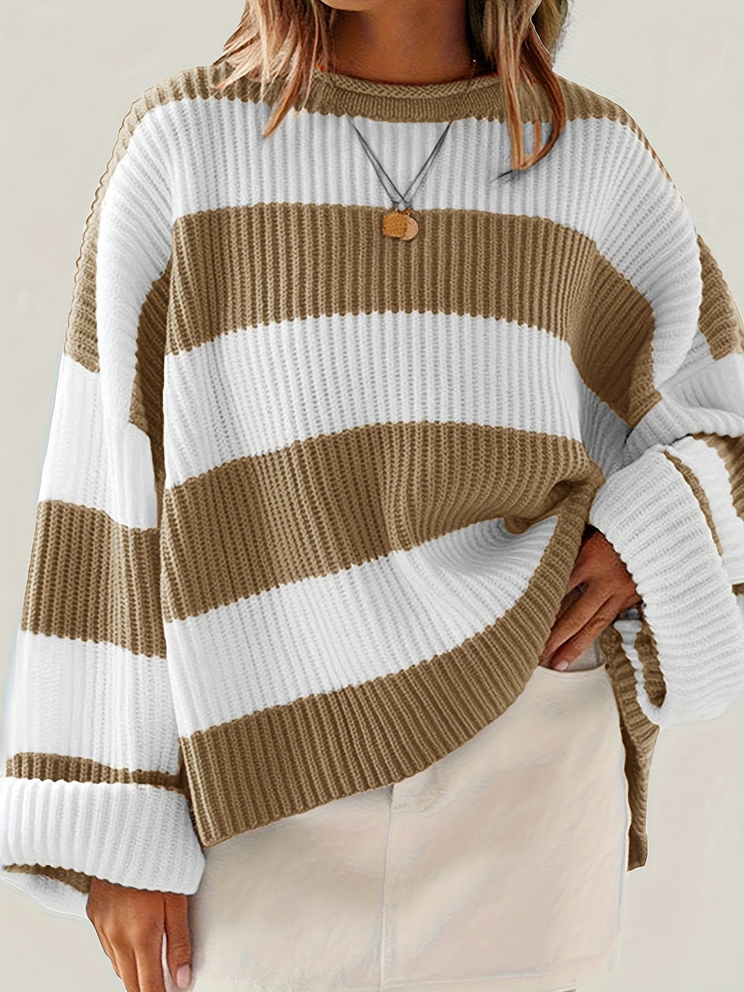 Halvine | Dame Stribet Strik Sweater Oversized - Image 1