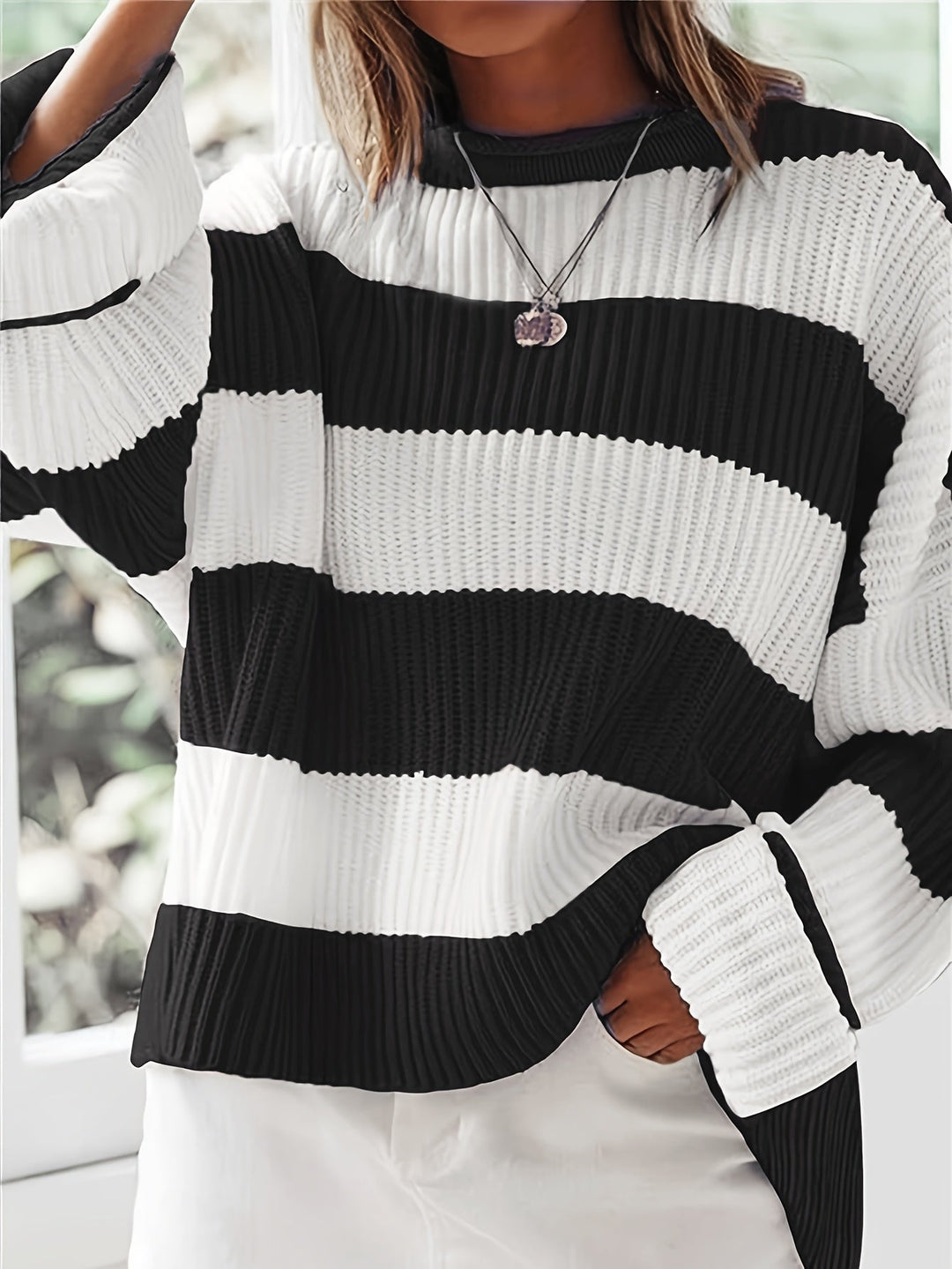 Halvine | Dame Stribet Strik Sweater Oversized - Image 10