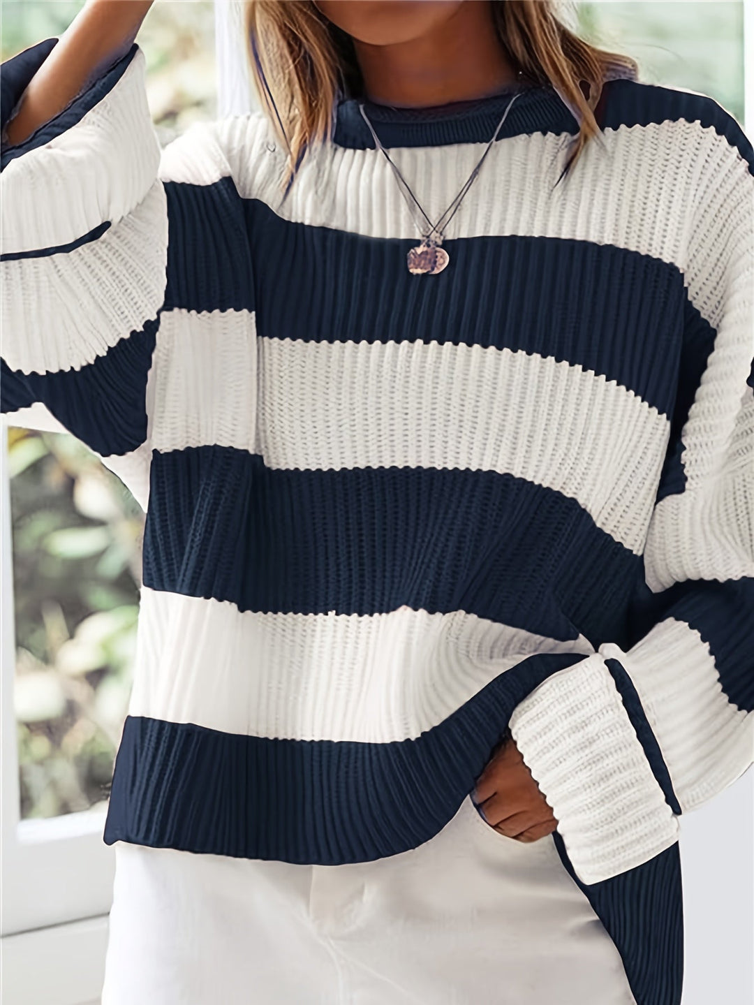 Halvine | Dame Stribet Strik Sweater Oversized - Image 5
