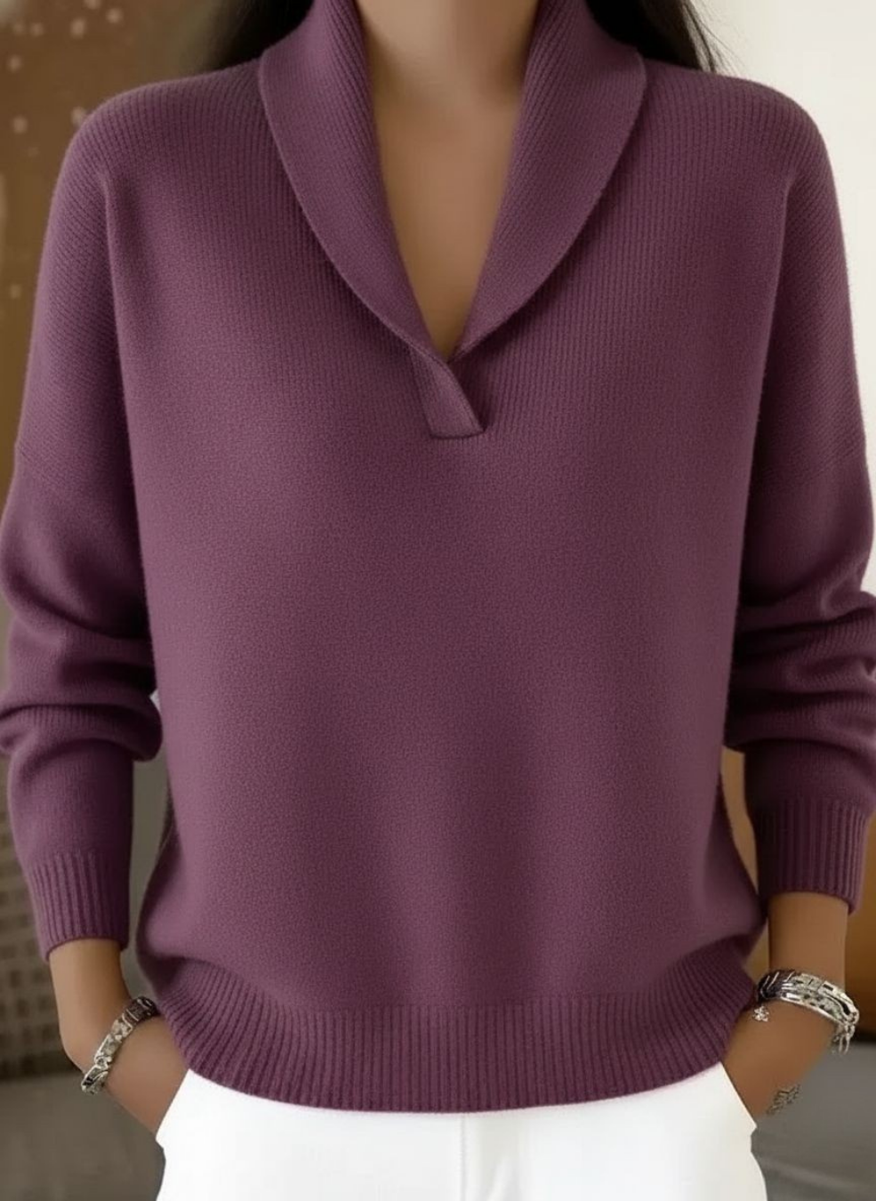 Halvine | Dame strik sweater med V-hals - Red - Image 6