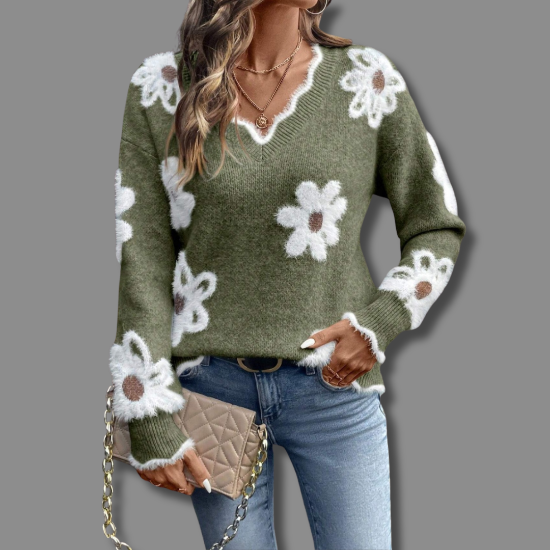 Halvine | Dame Striktrøje med Blomsterprint V-hals - Grey - Image 2