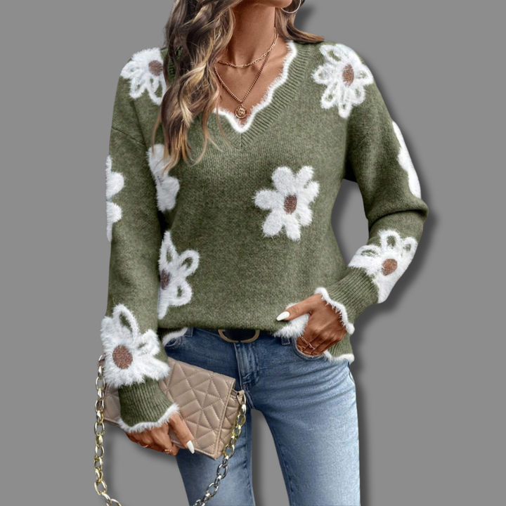 Halvine | Dame Striktrøje med Blomsterprint V-hals - Grey - Image 2