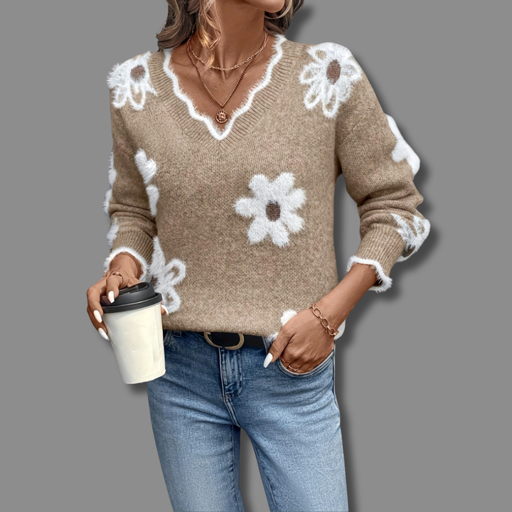 Halvine | Dame Striktrøje med Blomsterprint V-hals - Grey - Image 3