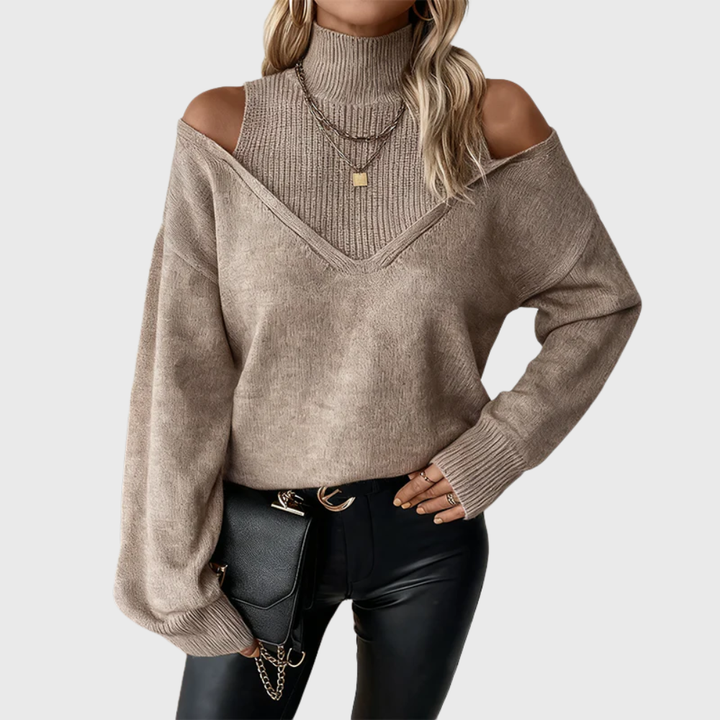 Halvine | Dame Striktrøje Rullekrave Cold Shoulder - Taupe - Image 1