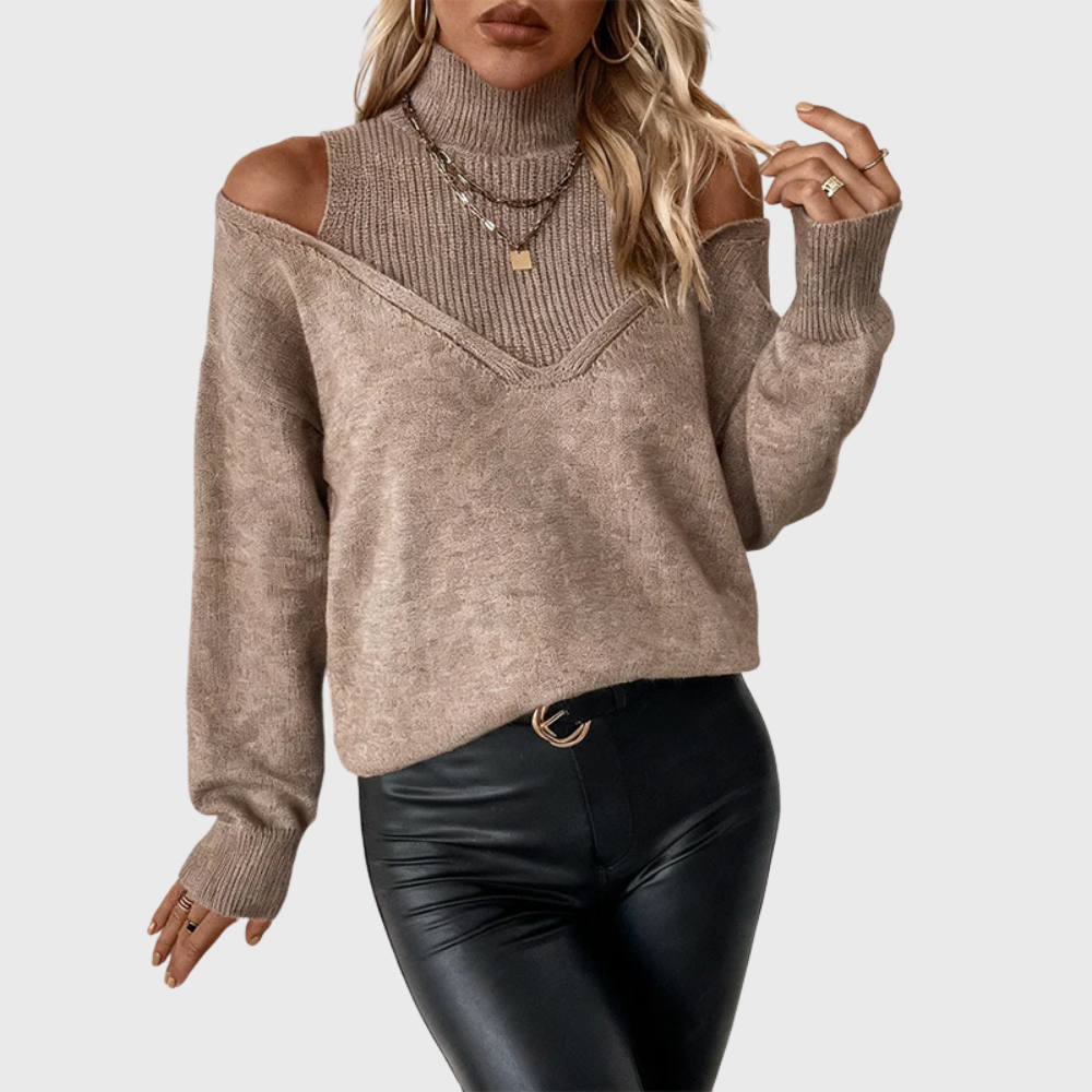 Halvine | Dame Striktrøje Rullekrave Cold Shoulder - Taupe - Image 3