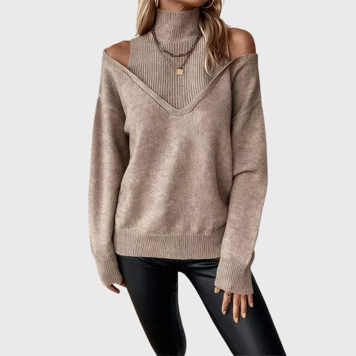 Halvine | Dame Striktrøje Rullekrave Cold Shoulder - Taupe - Image 4