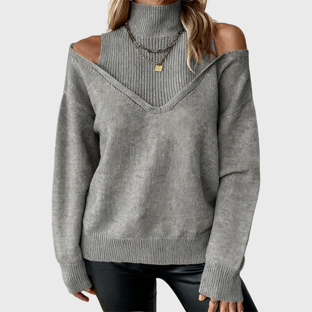 Halvine | Dame Striktrøje Rullekrave Cold Shoulder - Taupe - Image 5