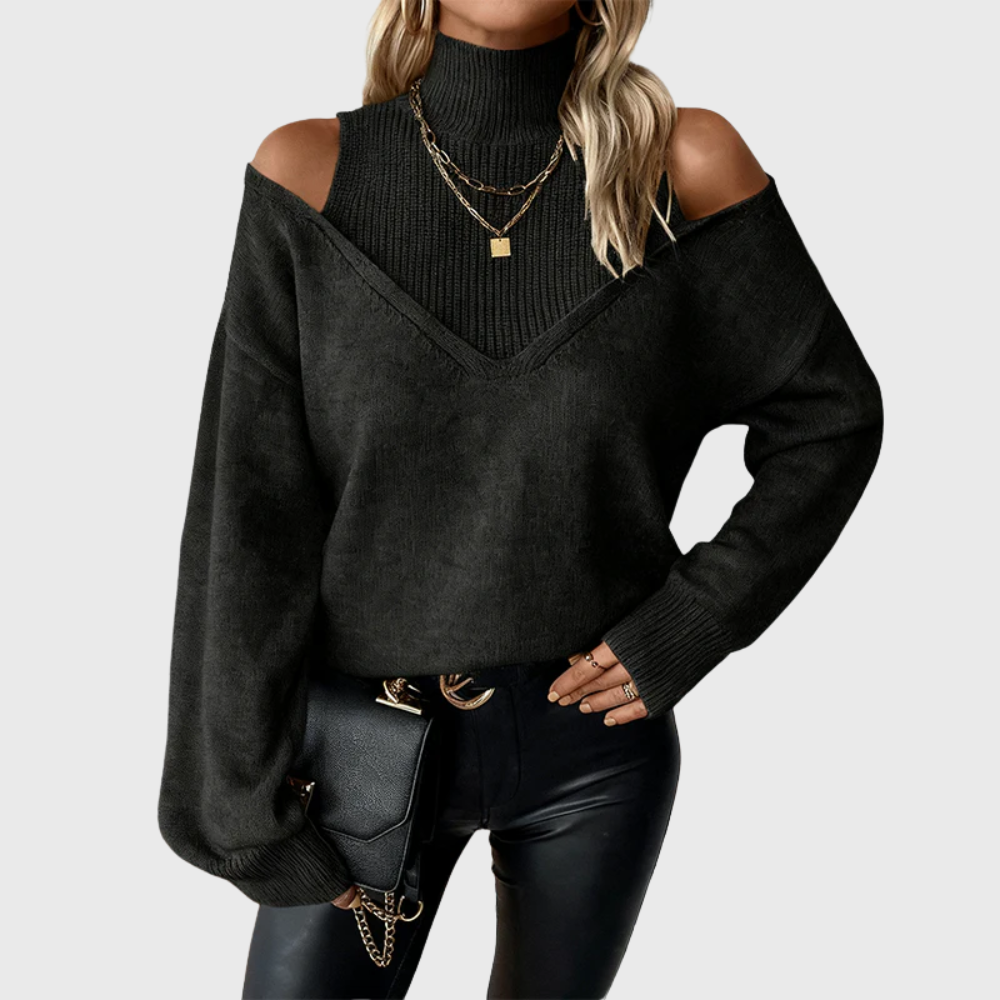 Halvine | Dame Striktrøje Rullekrave Cold Shoulder - Taupe - Image 6