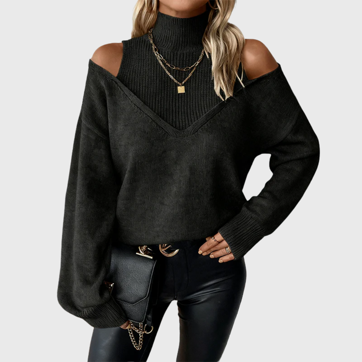 Halvine | Dame Striktrøje Rullekrave Cold Shoulder - Taupe - Image 6