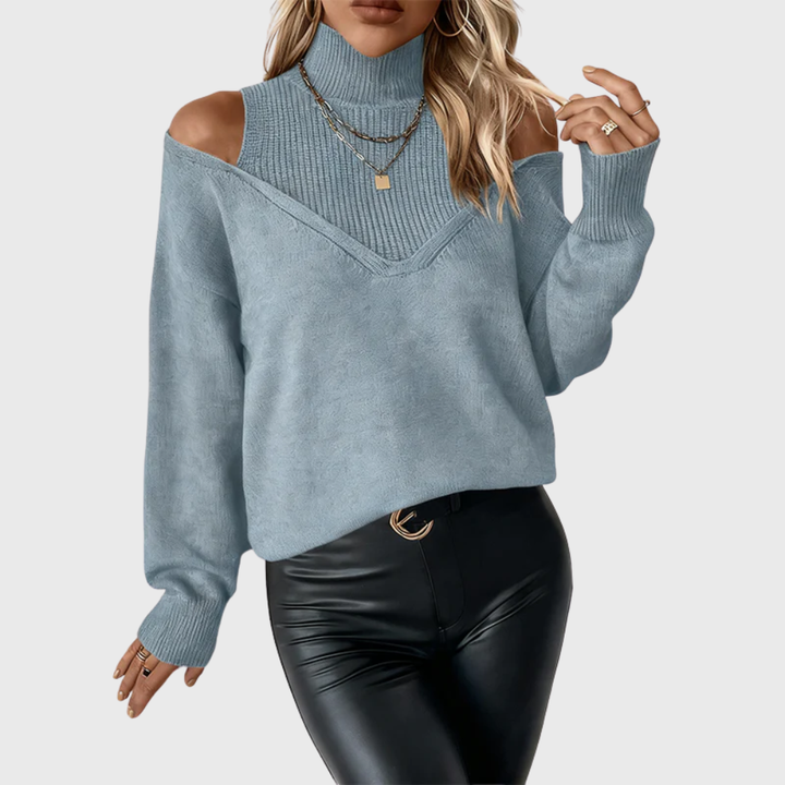 Halvine | Dame Striktrøje Rullekrave Cold Shoulder - Taupe - Image 7