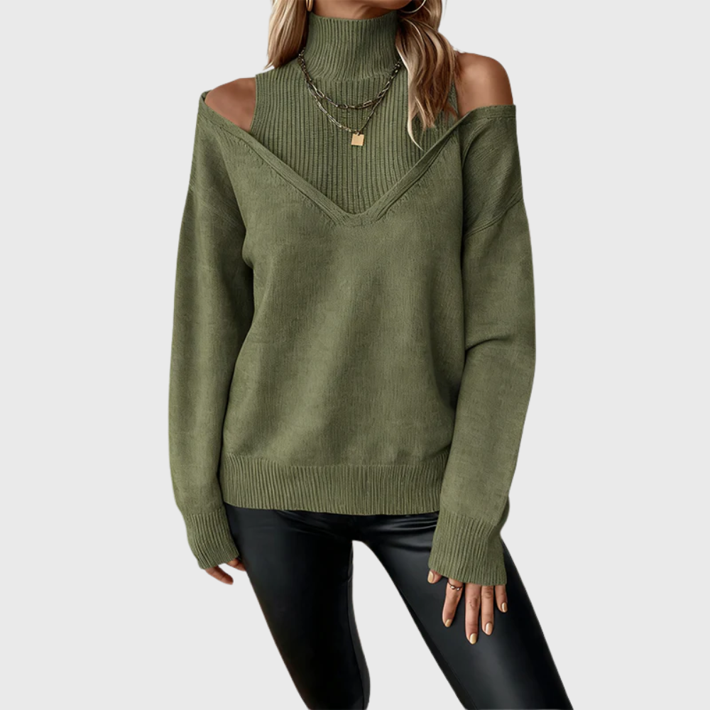 Halvine | Dame Striktrøje Rullekrave Cold Shoulder - Taupe - Image 8
