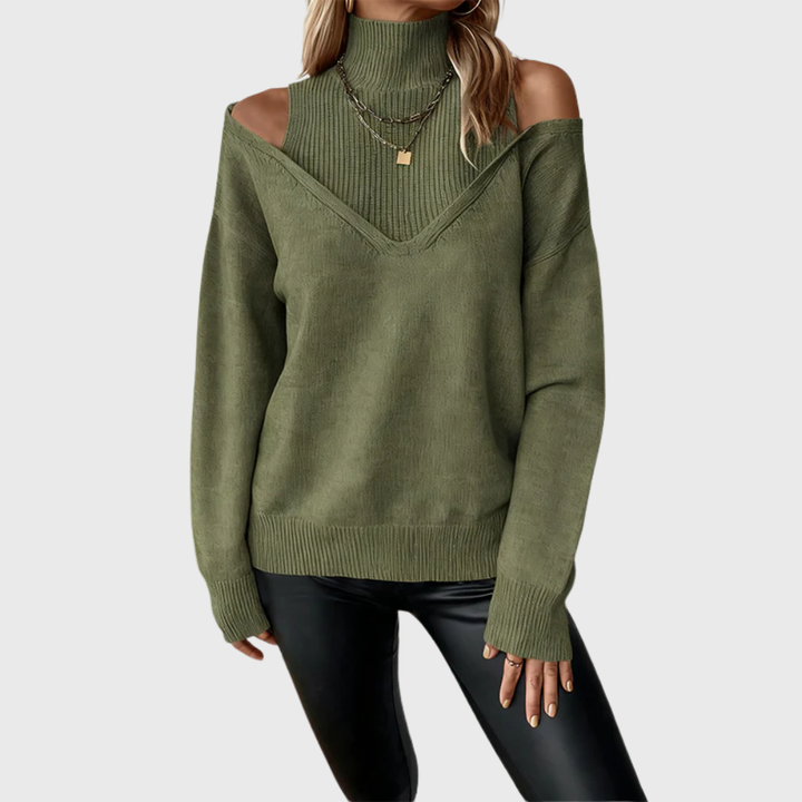 Halvine | Dame Striktrøje Rullekrave Cold Shoulder - Taupe - Image 8