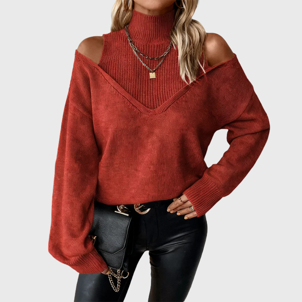 Halvine | Dame Striktrøje Rullekrave Cold Shoulder - Taupe - Image 9