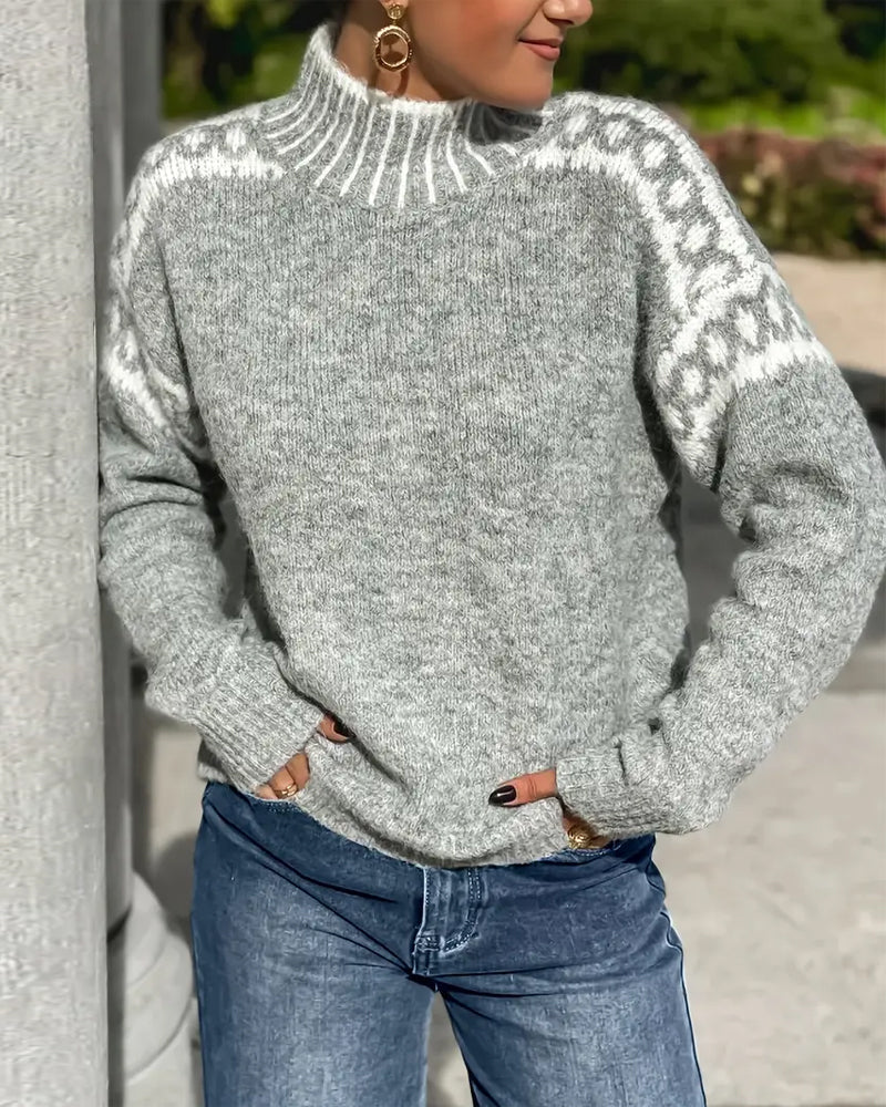 Halvine | Dame Striktrøje Rullekrave Fair Isle - Light Grey - Image 1