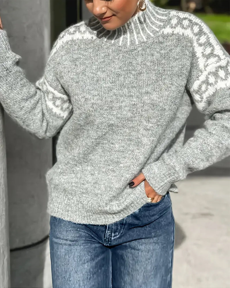 Halvine | Dame Striktrøje Rullekrave Fair Isle - Light Grey - Image 3