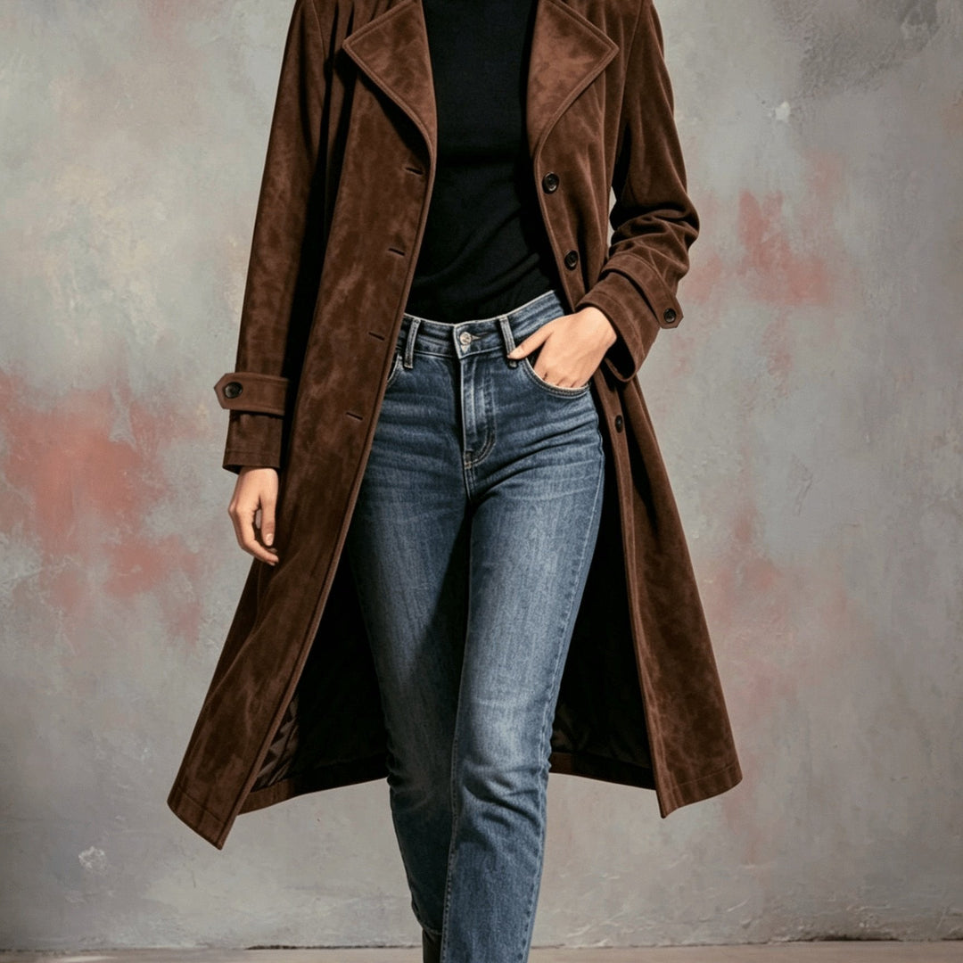 Hildur | Dame Langfrakke Brun Ruskind Trenchcoat - Dark Brown - Image 1